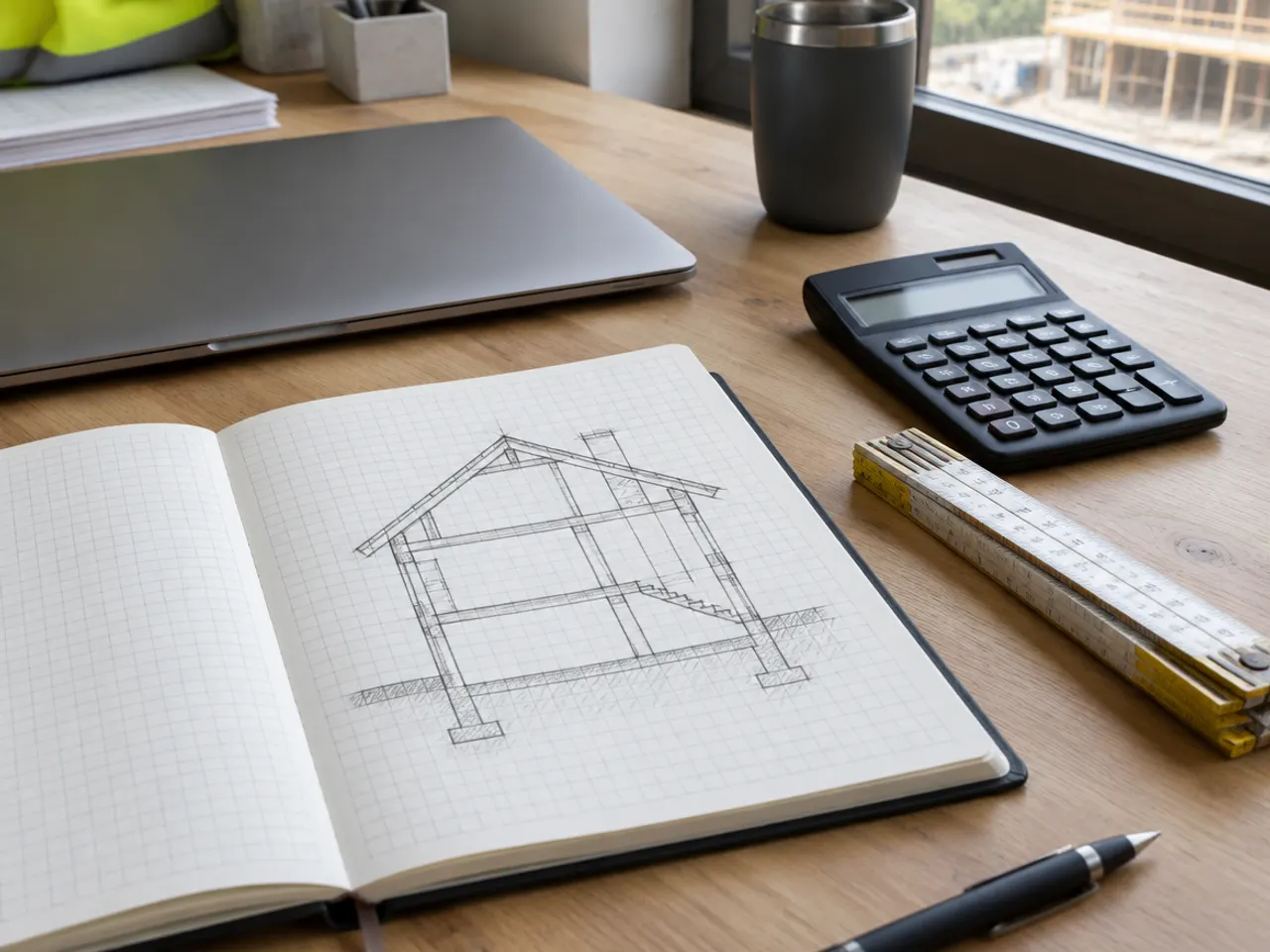 Sfeerbeeld: notitieboek met een schets van een woningdoorsnede, rekenmachine en duimstok